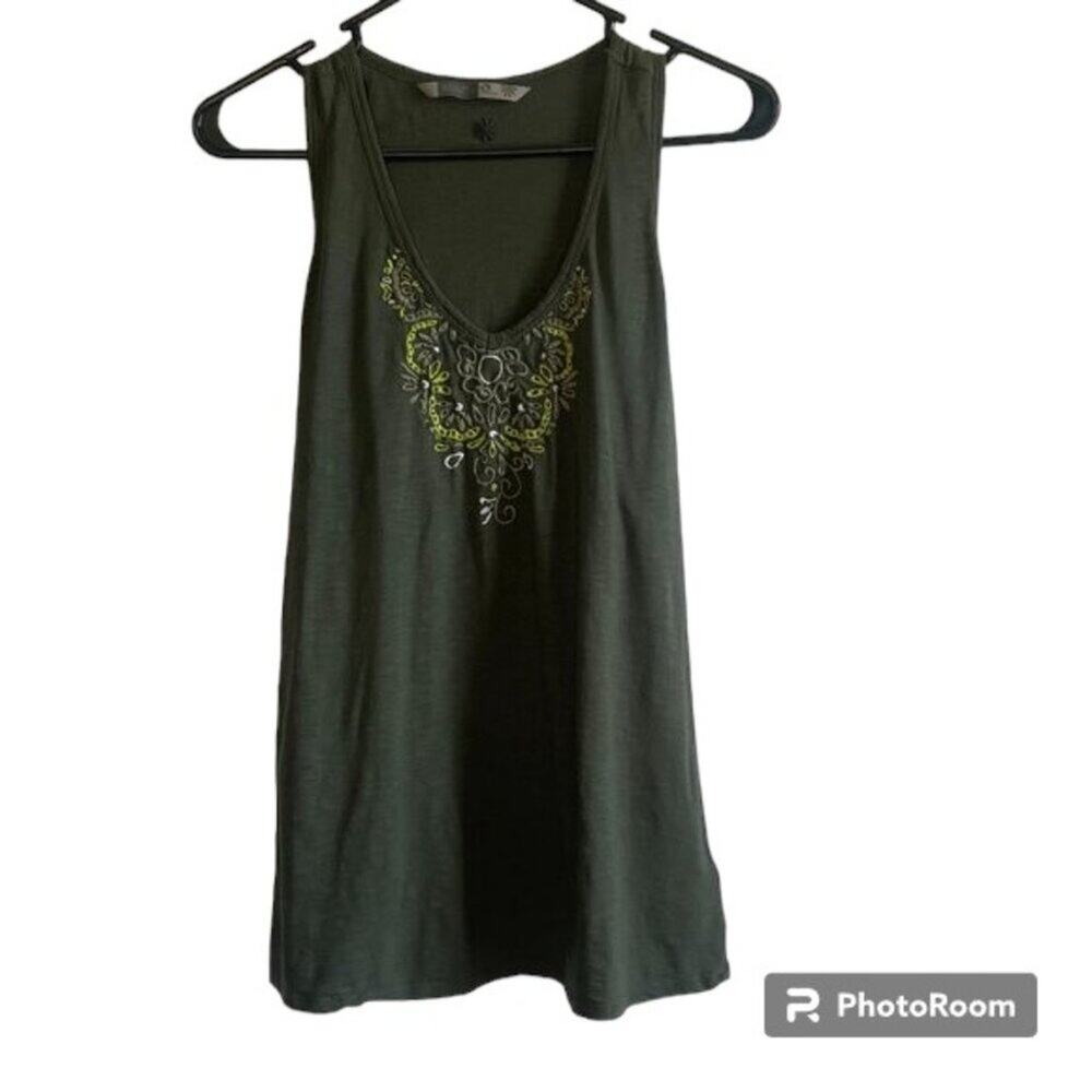 Athleta Embroidered Cotton V-neck Tank Green Size Medium